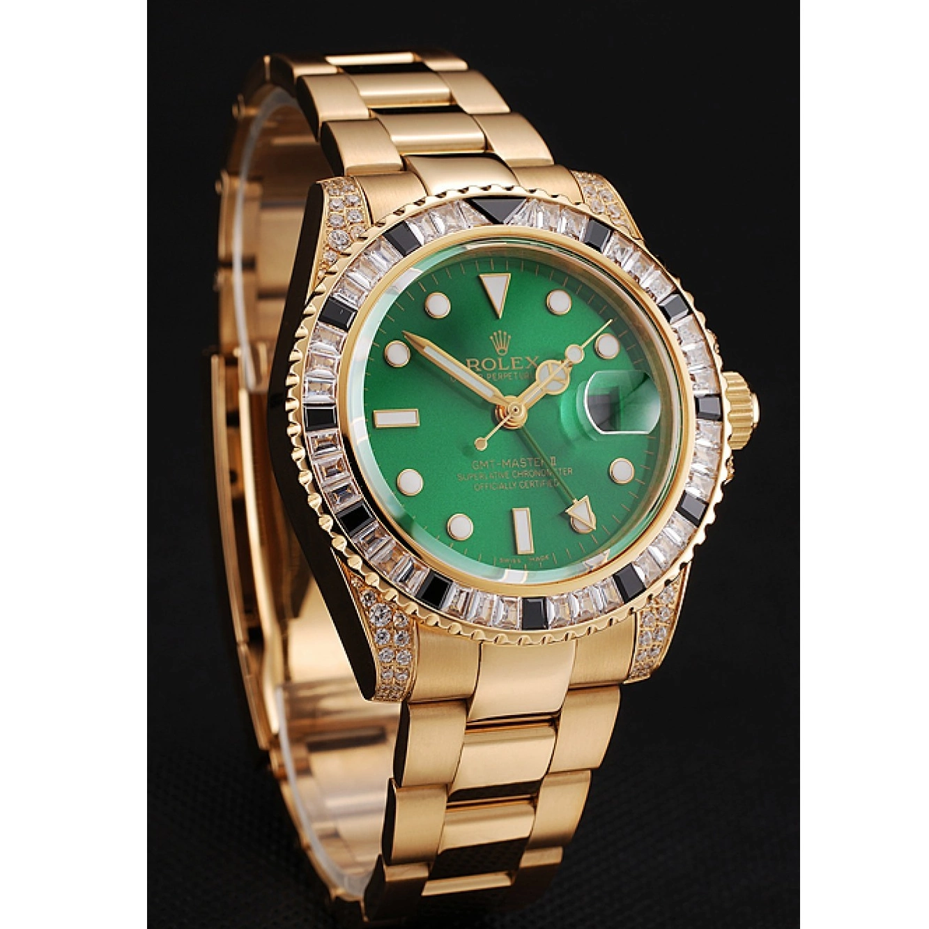 Aaa replica watch Rolex And Stone Bracelet GMT Gold Master Green Swiss Set II Dial 1453748 Case Bezel 0528
